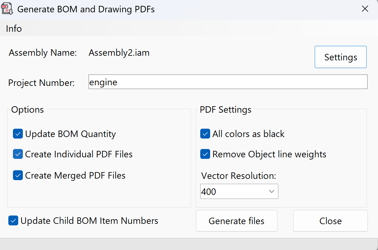 Ventana principal Generate BOM and Drawing PDFs