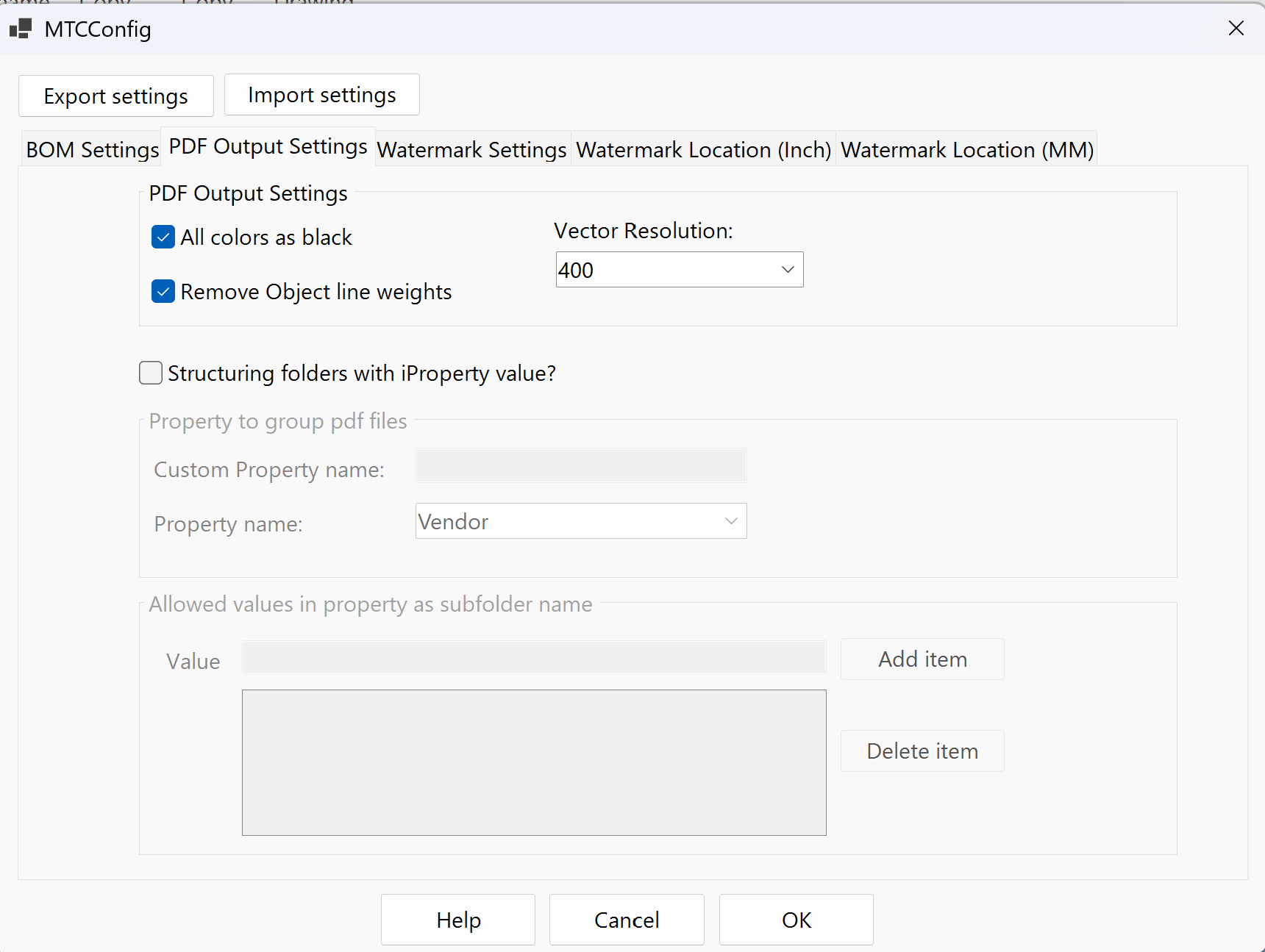 Settings — PDF Output Settings